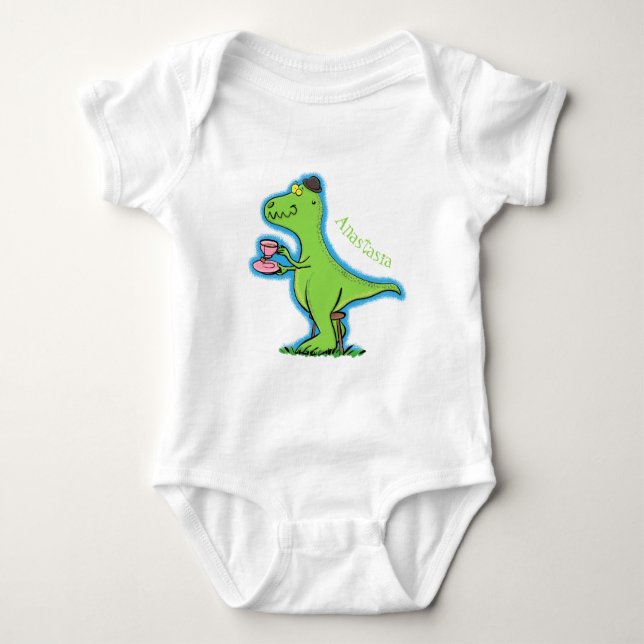 Cute funny green t rex dinosaur cartoon baby bodysuit (Front)