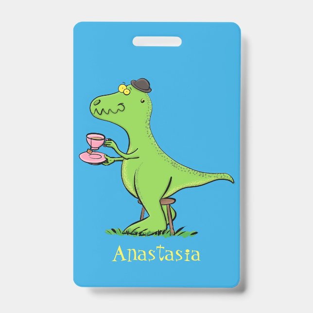 Cute funny green t rex dinosaur cartoon badge (Front)