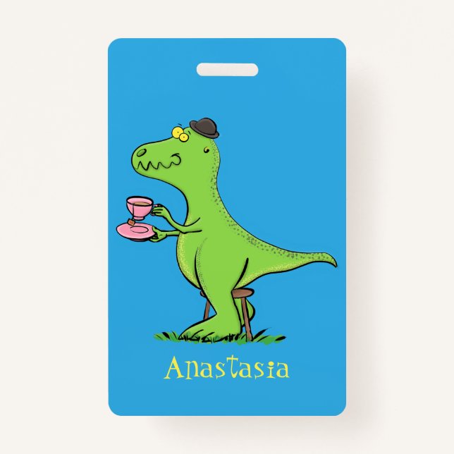 Cute funny green t rex dinosaur cartoon badge (Front)