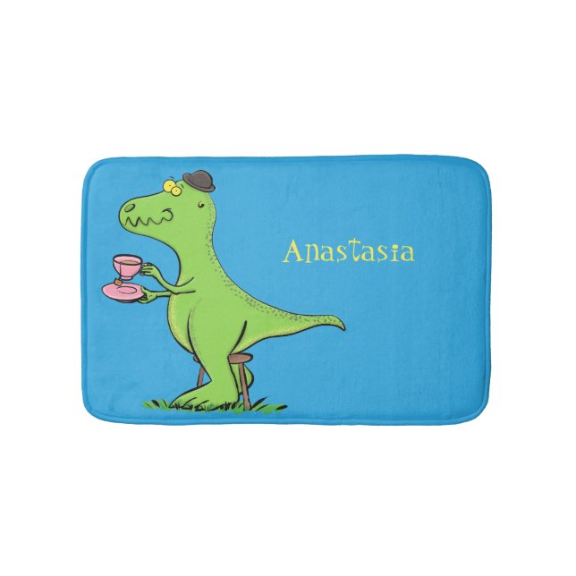 Cute funny green t rex dinosaur cartoon bath mat (Front)