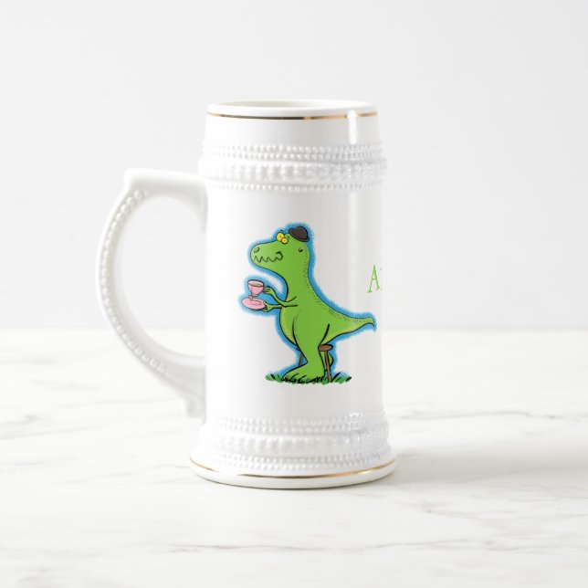 Cute funny green t rex dinosaur cartoon beer stein (Left)