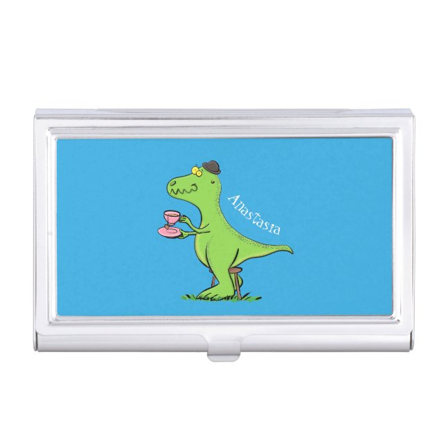 Cute funny green t rex dinosaur cartoon business card case (Front)