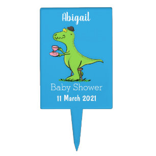 Cute funny green t rex dinosaur cartoon cake topper