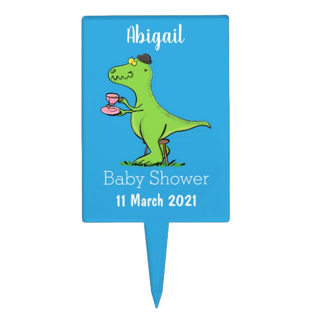 Cute funny green t rex dinosaur cartoon cake topper (Front)