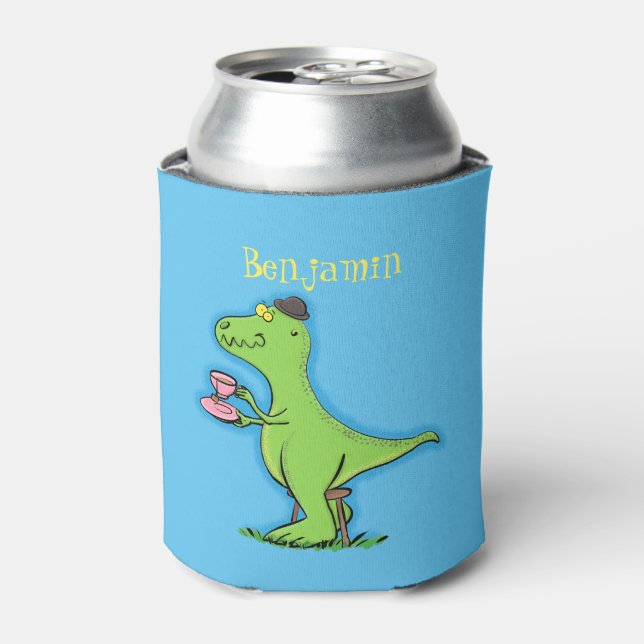Cute funny green t rex dinosaur cartoon can cooler (Can Front)