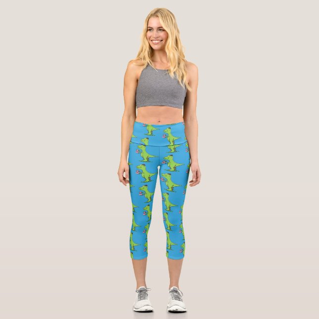 Cute funny green t rex dinosaur cartoon capri leggings (Front)
