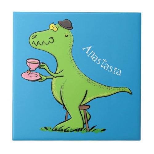 Cute funny green t rex dinosaur cartoon ceramic tile