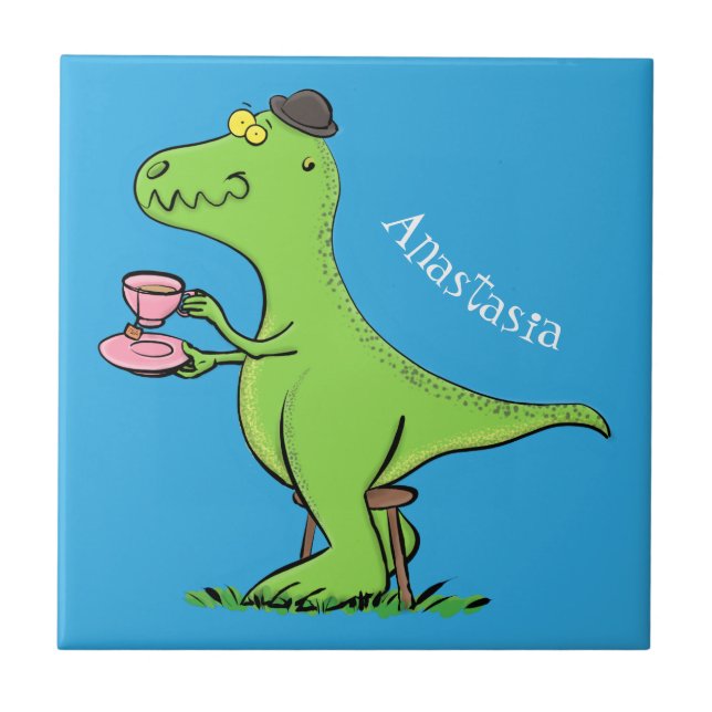 Cute funny green t rex dinosaur cartoon ceramic tile (Front)