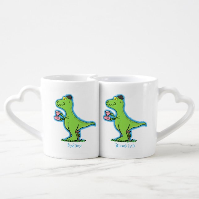 Cute funny green t rex dinosaur cartoon coffee mug set (Back Nesting)