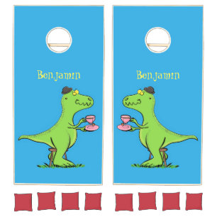 Cute funny green t rex dinosaur cartoon cornhole set