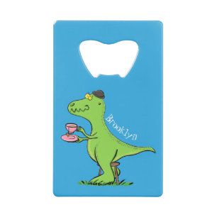Cute funny green t rex dinosaur cartoon credit card bottle opener