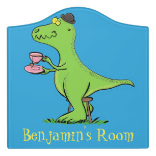 Cute funny green t rex dinosaur cartoon door sign