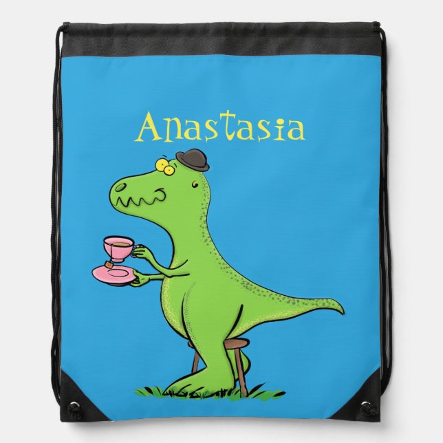 Cute funny green t rex dinosaur cartoon drawstring bag (Front)