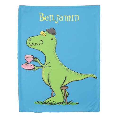 Cute funny green t rex dinosaur cartoon duvet cover