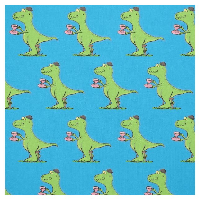Cute funny green t rex dinosaur cartoon fabric (Swatch)
