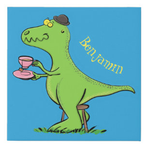 Cute funny green t rex dinosaur cartoon faux canvas print
