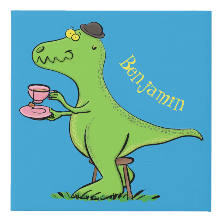 Cute funny green t rex dinosaur cartoon faux canvas print | Zazzle