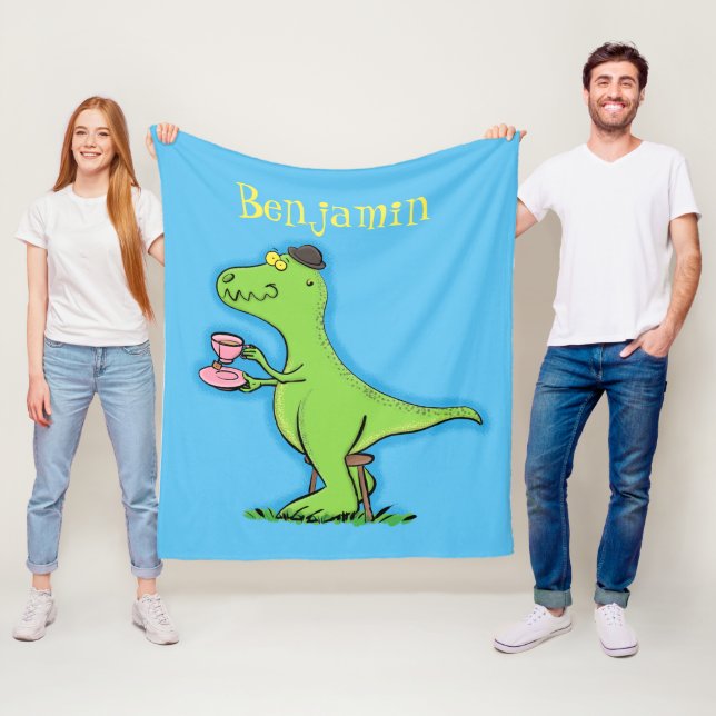 Cute funny green t rex dinosaur cartoon fleece blanket (In Situ)
