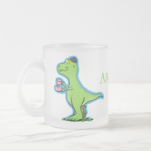 Cute funny green t rex dinosaur cartoon frosted glass coffee mug