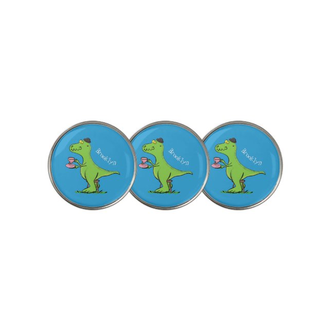 Cute funny green t rex dinosaur cartoon golf ball marker (3 Up)