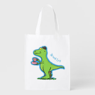 Cute funny green t rex dinosaur cartoon grocery bag