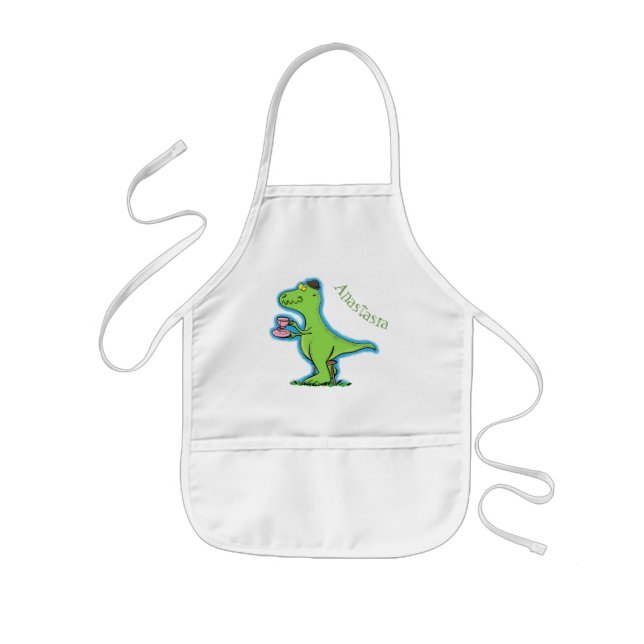 Cute funny green t rex dinosaur cartoon kids' apron (Front)