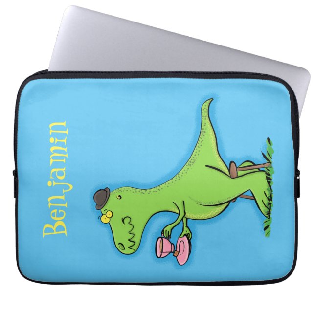 Cute funny green t rex dinosaur cartoon laptop sleeve (Front)