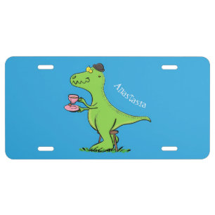 Cute funny green t rex dinosaur cartoon license plate