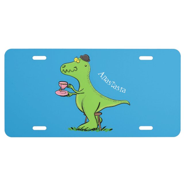 Cute funny green t rex dinosaur cartoon  license plate (Front)