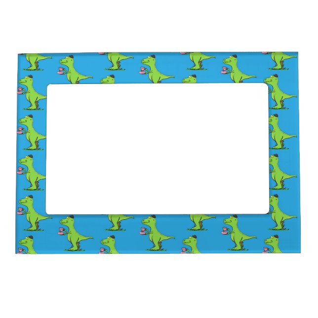 Cute funny green t rex dinosaur cartoon magnetic frame (Front)