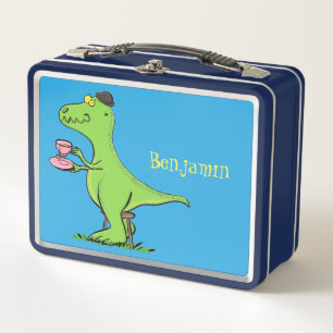 Cute funny green t rex dinosaur cartoon metal lunch box