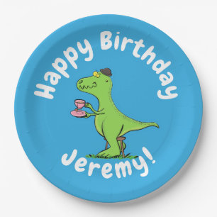 Cute funny green t rex dinosaur cartoon paper plates