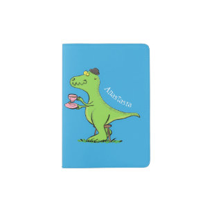 Cute funny green t rex dinosaur cartoon passport holder