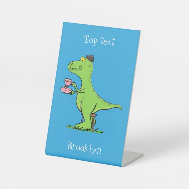 Cute funny green t rex dinosaur cartoon pedestal sign (Front)