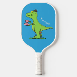 Cute funny green t rex dinosaur cartoon pickleball paddle