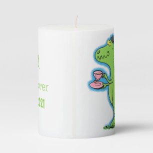 Cute funny green t rex dinosaur cartoon pillar candle