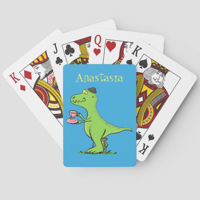 Cute funny green t rex dinosaur cartoon poker cards (Back)