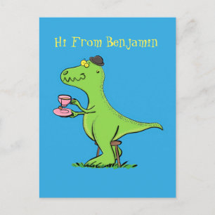 Cute funny green t rex dinosaur cartoon postcard