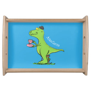 Cute funny green t rex dinosaur cartoon serving tray