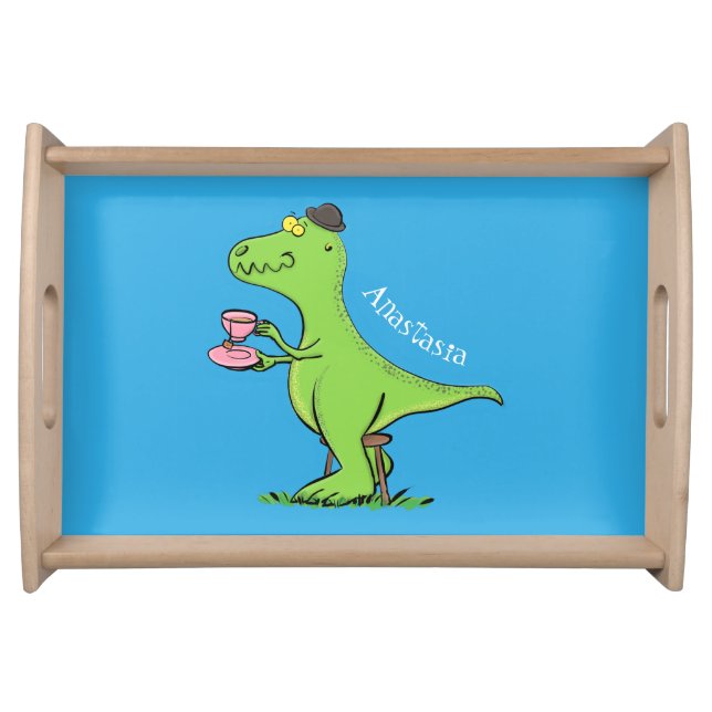 Cute funny green t rex dinosaur cartoon serving tray (Front)