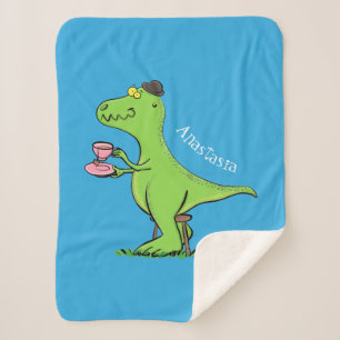 Cute funny green t rex dinosaur cartoon  sherpa blanket