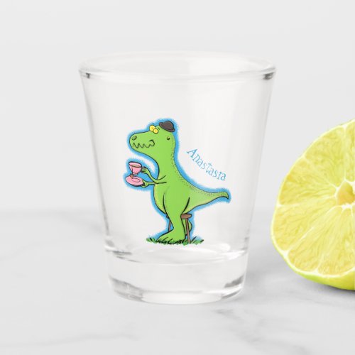 Cute funny green t rex dinosaur cartoon  shot glass