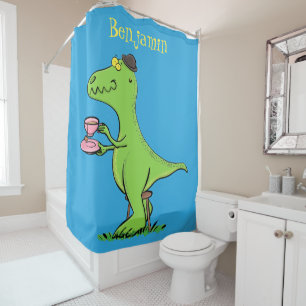 Cute funny green t rex dinosaur cartoon shower curtain