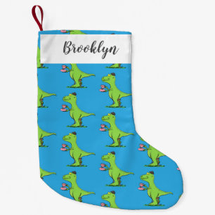 Cute funny green t rex dinosaur cartoon small christmas stocking