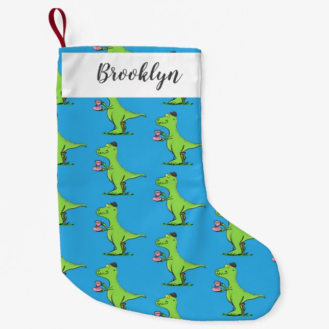 Cute funny green t rex dinosaur cartoon small christmas stocking (Front)