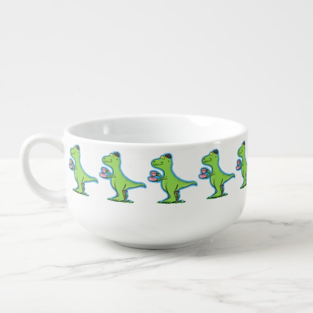 Cute funny green t rex dinosaur cartoon soup mug (Right)