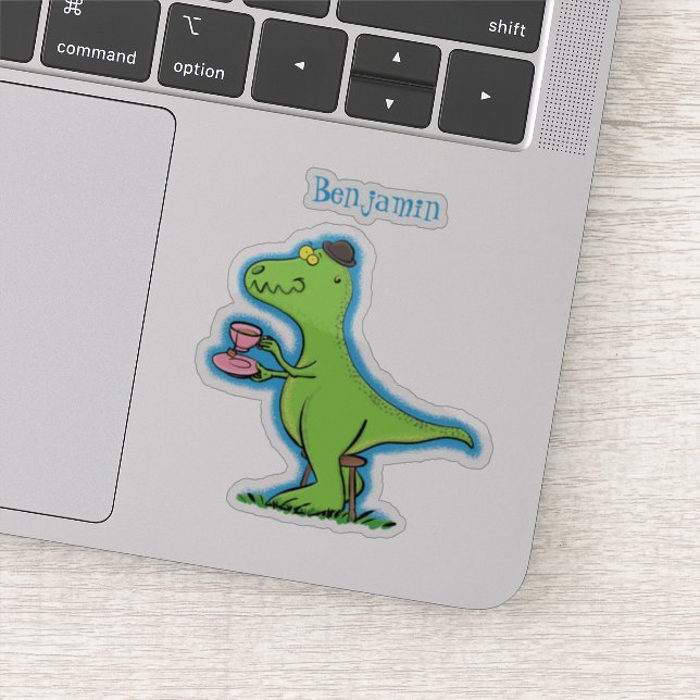 Cute funny green t rex dinosaur cartoon sticker (Detail)