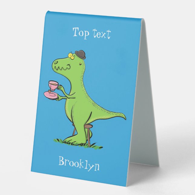 Cute funny green t rex dinosaur cartoon table tent (Front)