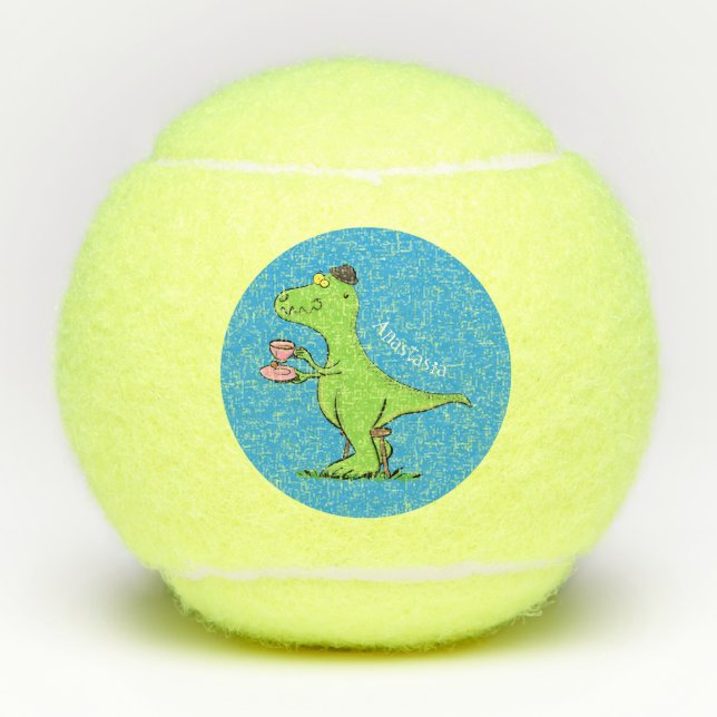 Cute funny green t rex dinosaur cartoon tennis balls (Front)