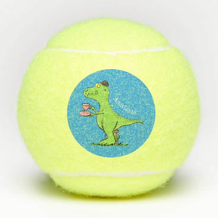 Cute funny green t rex dinosaur cartoon tennis balls | Zazzle